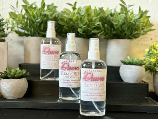 Fragrance Mist Body & Room Spray Dawn Valkyrie Skin Care Beauty St. Catharines Ontario Canada Floral bouquet • White oak • Soft cashmere