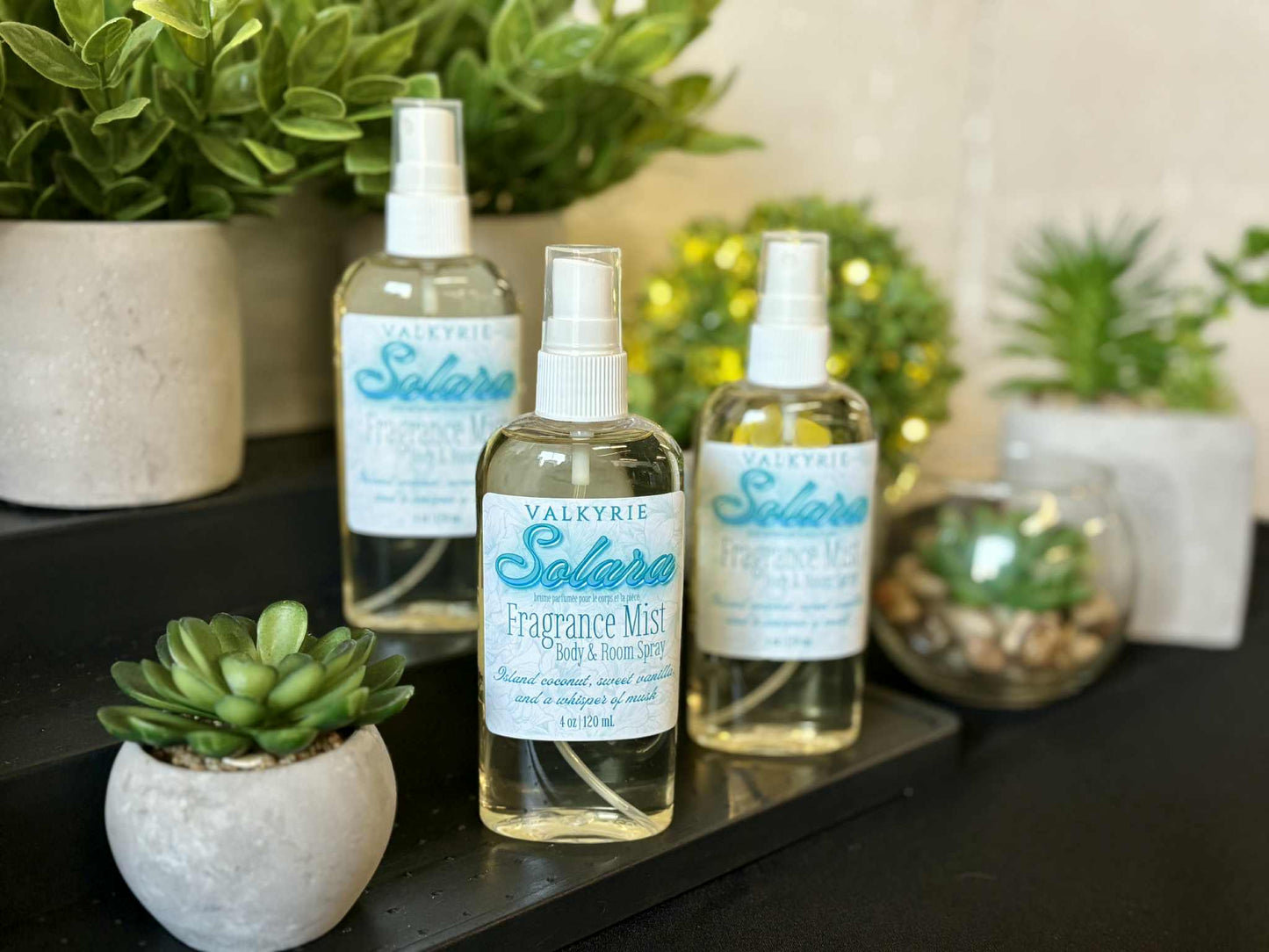 Fragrance Mist Body & Room Spray Solara Valkyrie Skin Care Beauty St. Catharines Ontario Canada Island coconut • Sweet vanilla • Sensual musk