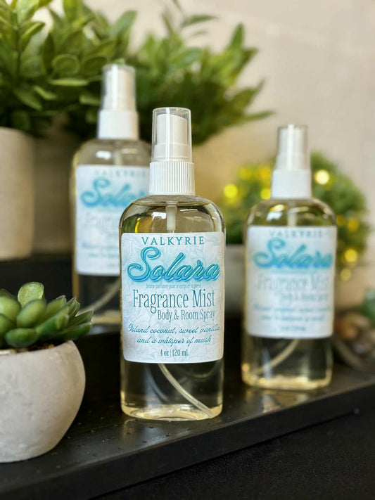 Fragrance Mist Body & Room Spray Solara Valkyrie Skin Care Beauty St. Catharines Ontario Canada Island coconut • Sweet vanilla • Sensual musk
