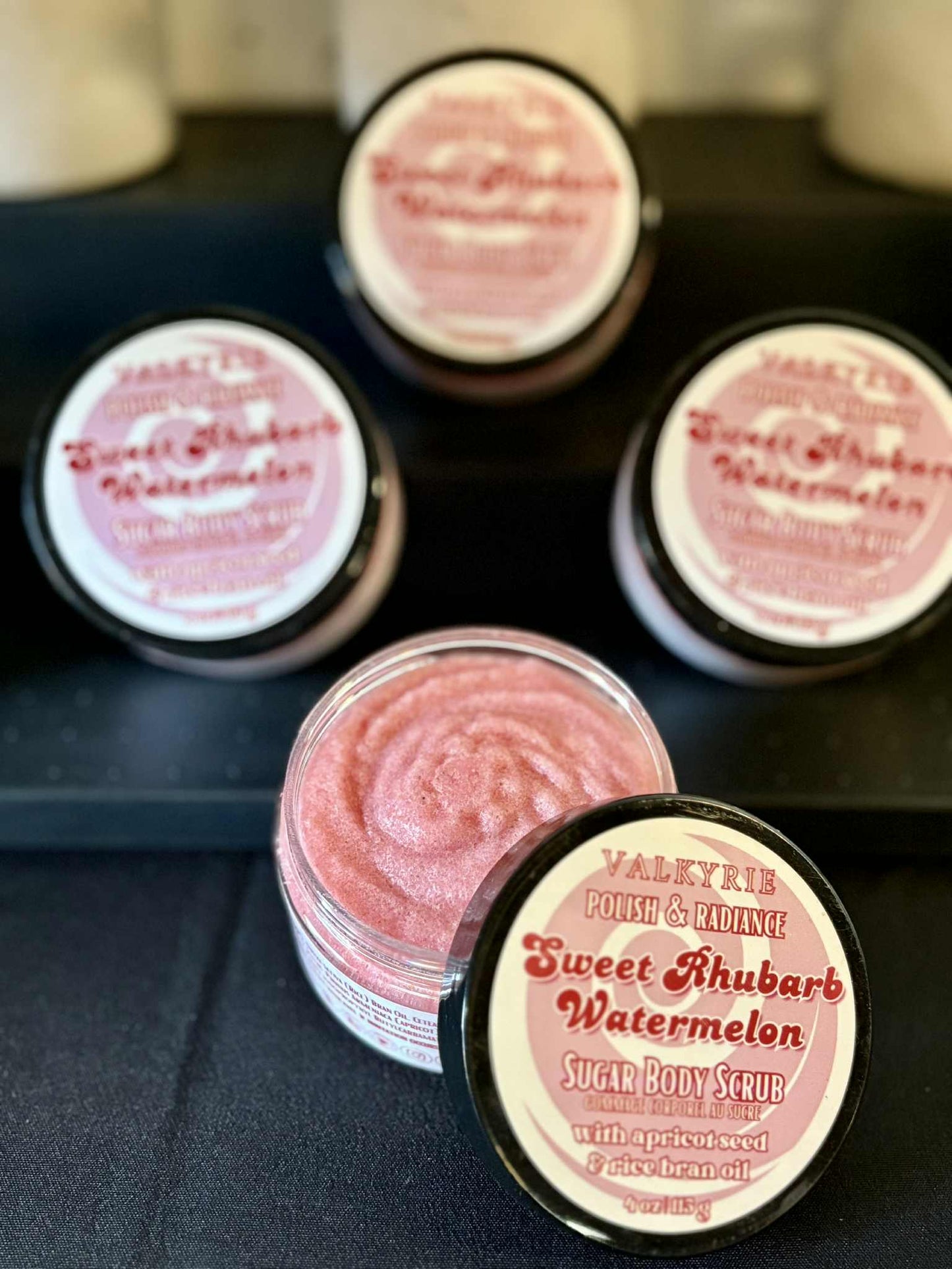 Sweet Watermelon Rhubarb Sugar Body Scrub Valkyrie Global Skin Care Self Care Beauty St. Catharines Ontario Canada. Polish your skin with a juicy twist...