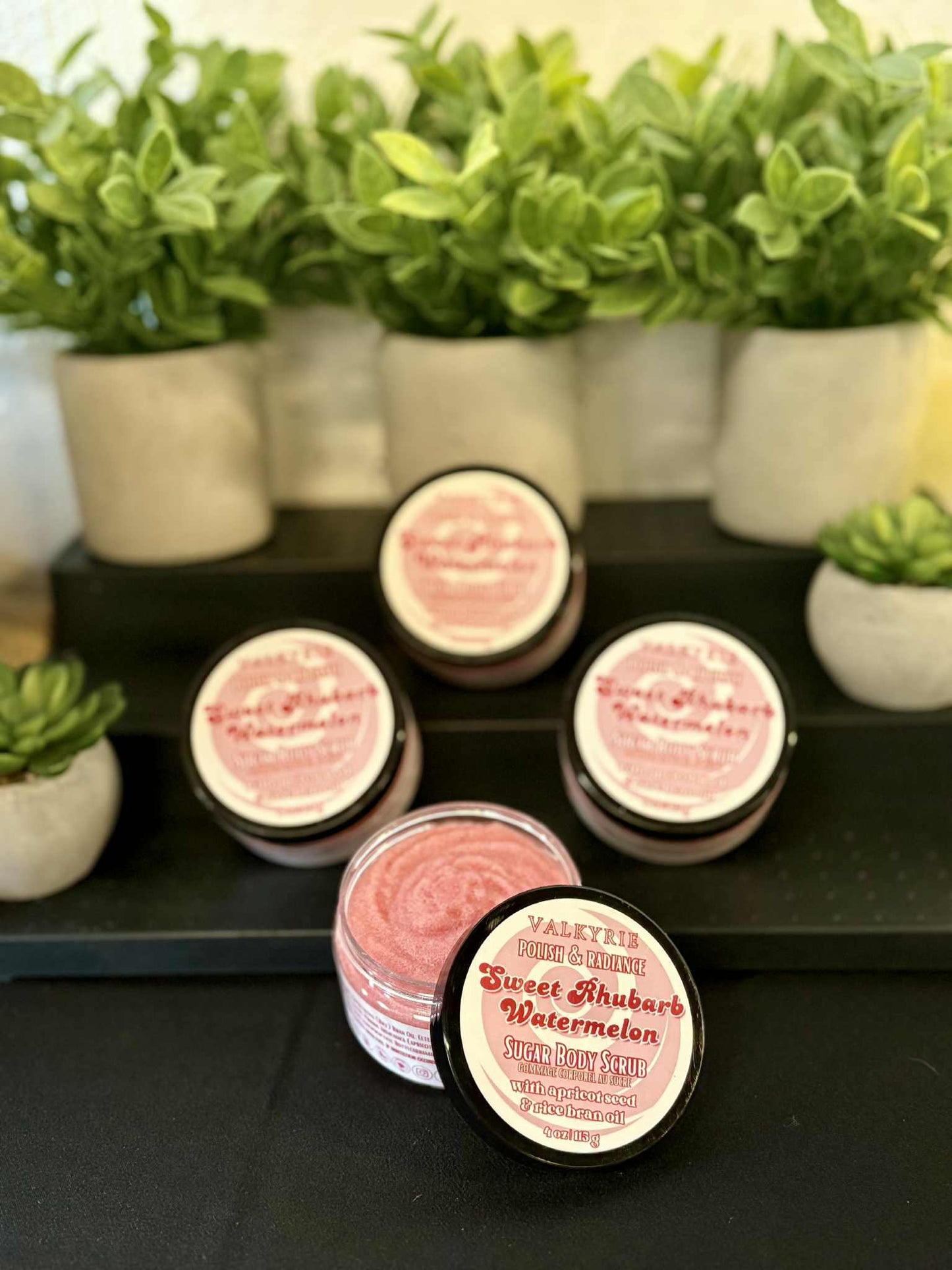 Sweet Watermelon Rhubarb Sugar Body Scrub Valkyrie Global Skin Care Self Care Beauty St. Catharines Ontario Canada. Polish your skin with a juicy twist...