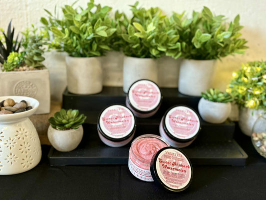 Sweet Watermelon Rhubarb Sugar Body Scrub Valkyrie Global Skin Care Self Care Beauty St. Catharines Ontario Canada. Polish your skin with a juicy twist...