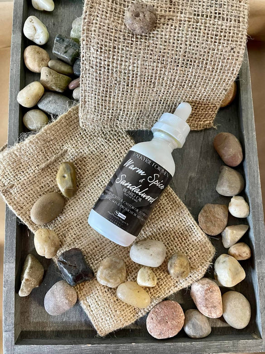 Warm Spice & Sandalwood Beard Oil Valkyrie For Men Valkyrie Global Natural Skin Care Self Care Beauty St. Catharines Ontario Canada
