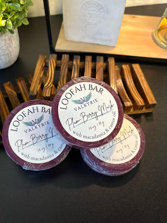 Plum-Berry Musk Loofah Cleansing Bar Valkyrie Global Natural Skin Care Self Care Beauty St. Catharines Ontario Canada